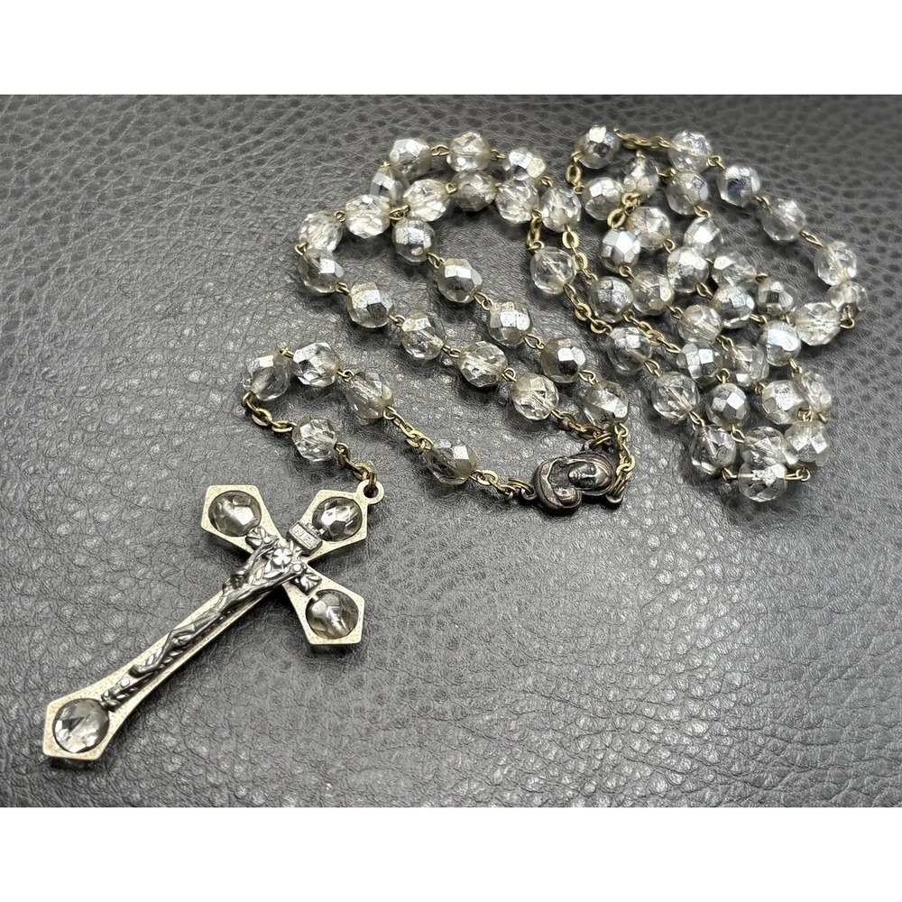 VTG Italy Mercury Glass Style Rosary Necklace Clear Crystal Beads Cross Pendant